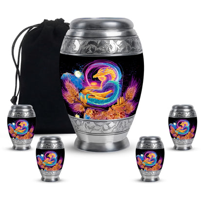 Jet Black Dragon Cremation Urn detail view - regal dragon design with crown-inspired accents - memorial set with one large and four small urns
