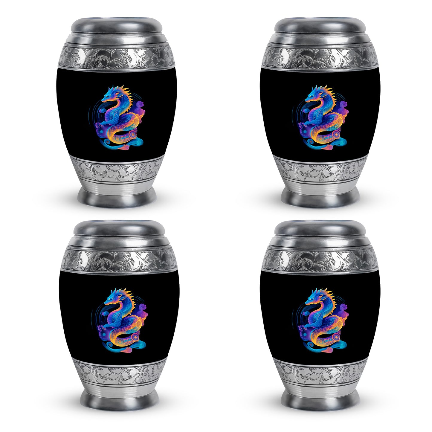 Midnight Black Dragon Cremation Urn urn with complimentary velvet bag - royal dragon engraving with decorative scrollwork - 10 inch aluminum urn for cremated remains