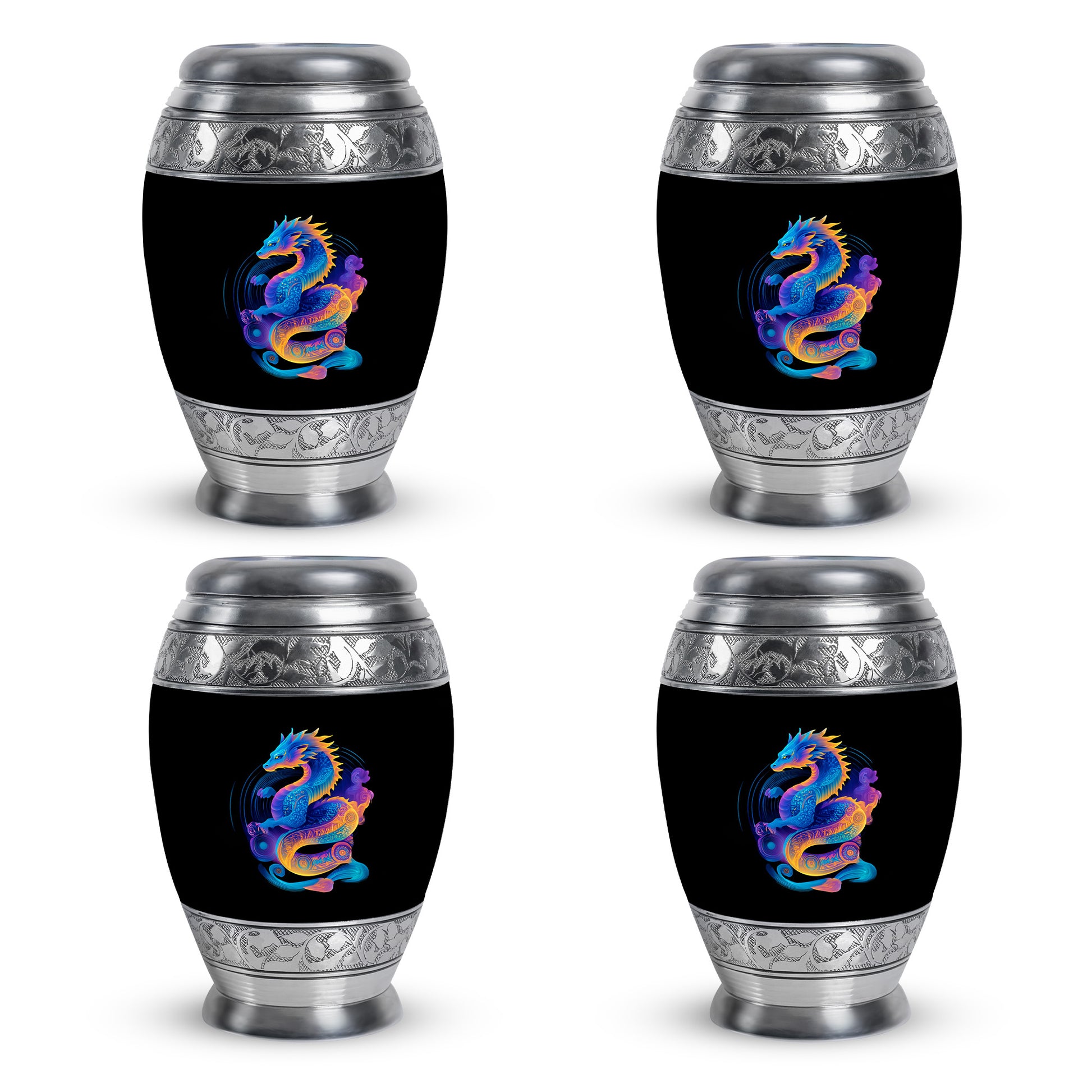 Midnight Black Dragon Cremation Urn urn with complimentary velvet bag - royal dragon engraving with decorative scrollwork - 10 inch aluminum urn for cremated remains