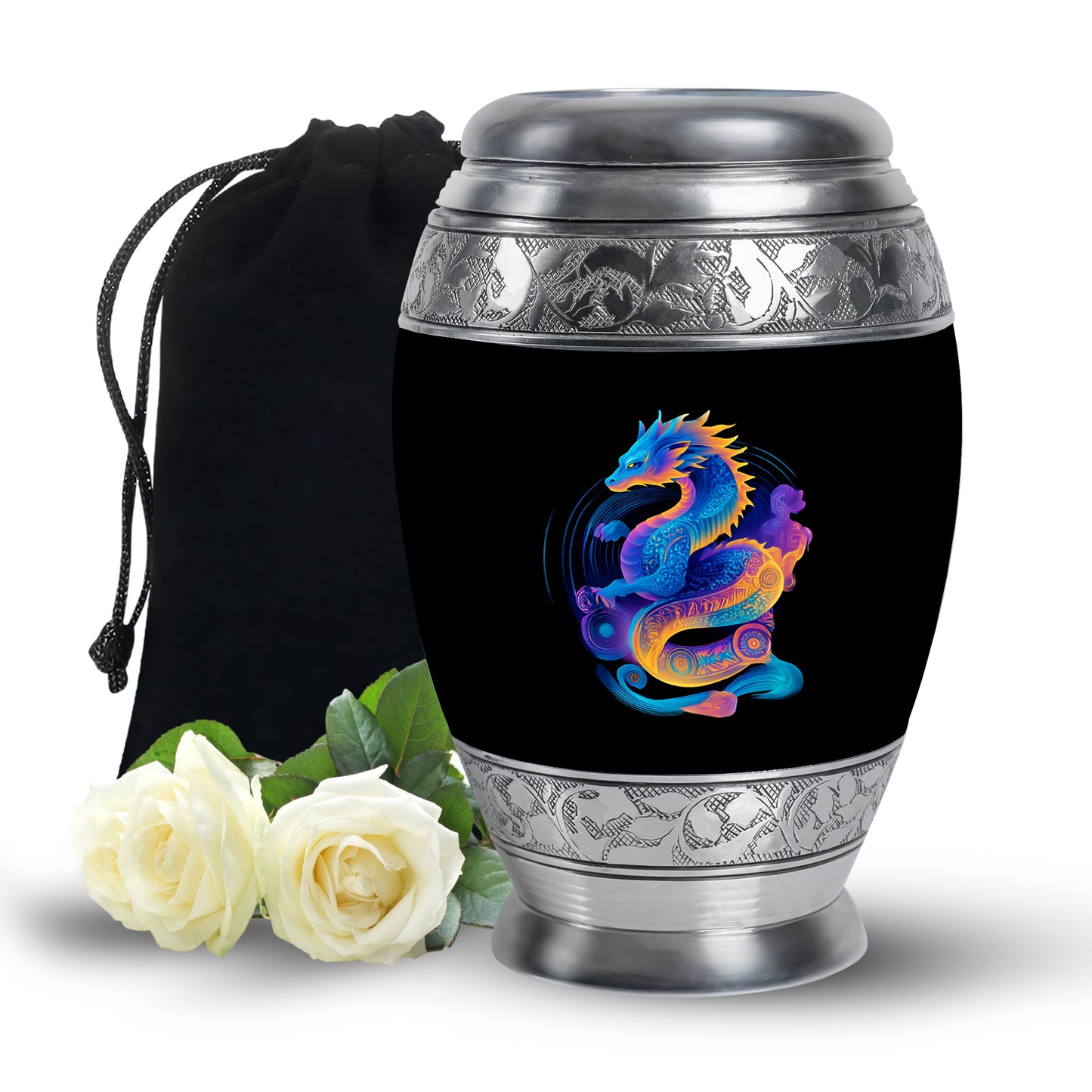 Obsidian Black Dragon Cremation Urn back view with polished surface - royal dragon engraving with decorative scrollwork - full-size 10 inch 200 cubic inch adult cremation urn