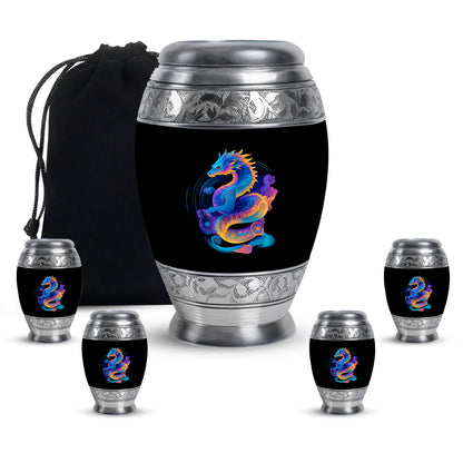 Dark Black Dragon Cremation Urn detail view - majestic dragon pattern with filigree border - memorial set with one large and four small urns
