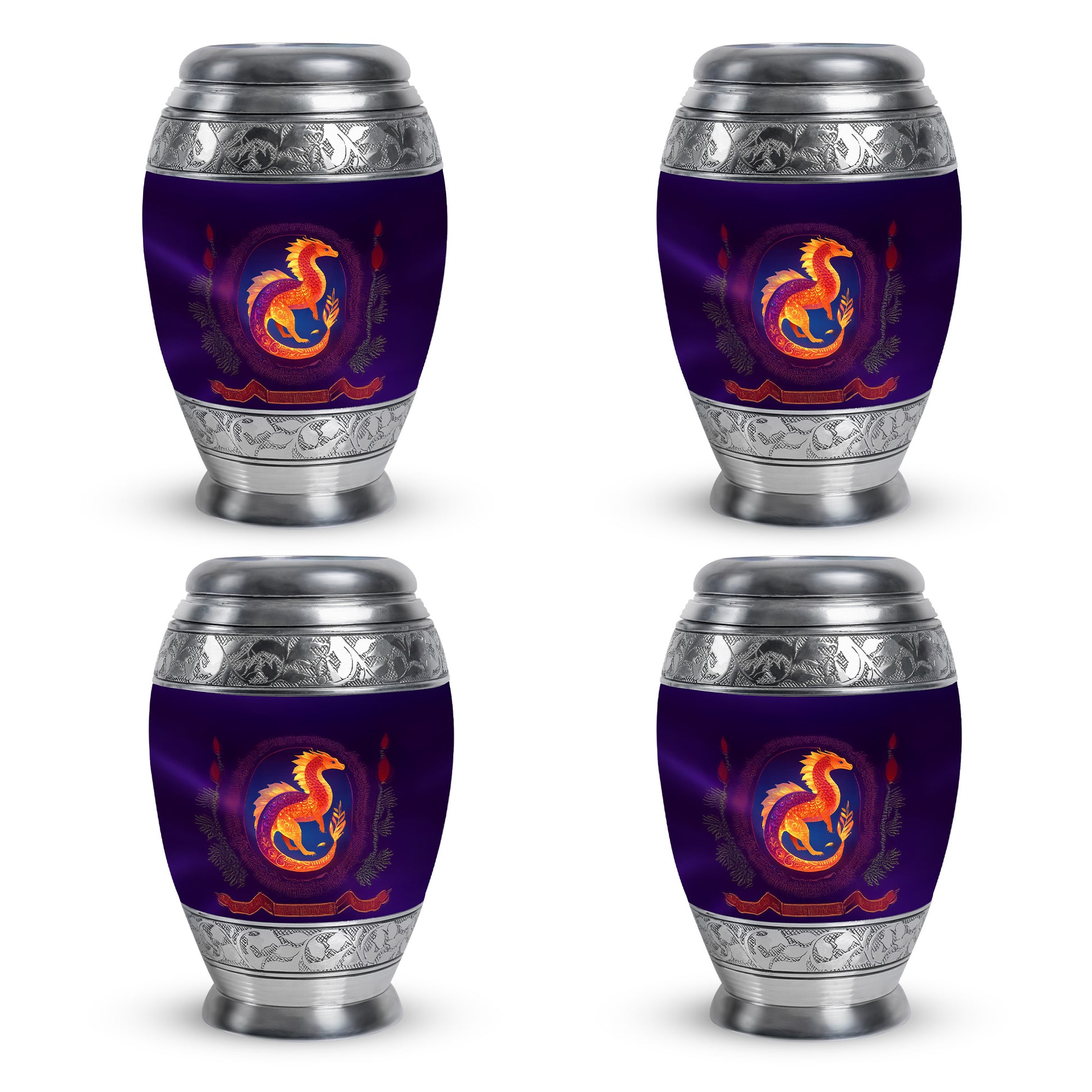 Grape Purple Dragon Cremation Urn urn with complimentary velvet bag - royal dragon engraving with decorative scrollwork - 10 inch aluminum urn for cremated remains