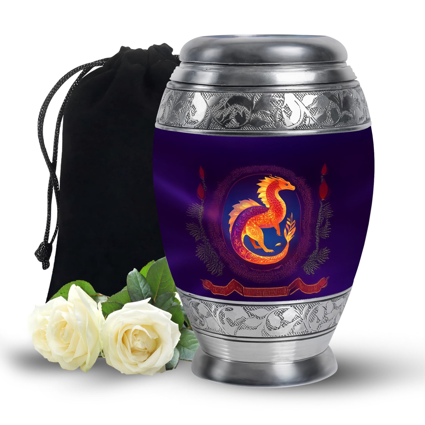 Lavender Purple Dragon Cremation Urn back view with polished surface - royal dragon engraving with decorative scrollwork - full-size 10 inch 200 cubic inch adult cremation urn