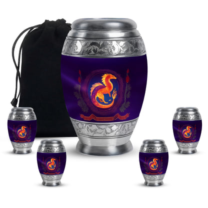 Plum Purple Dragon Cremation Urn detail view - regal dragon design with crown-inspired accents - memorial set with one large and four small urns