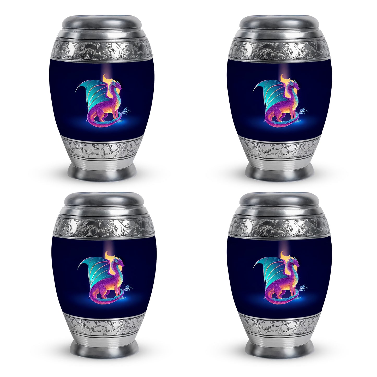 Twilight Blue Dragon Cremation Urn urn with complimentary velvet bag - majestic dragon pattern with filigree border - 10 inch aluminum urn for cremated remains