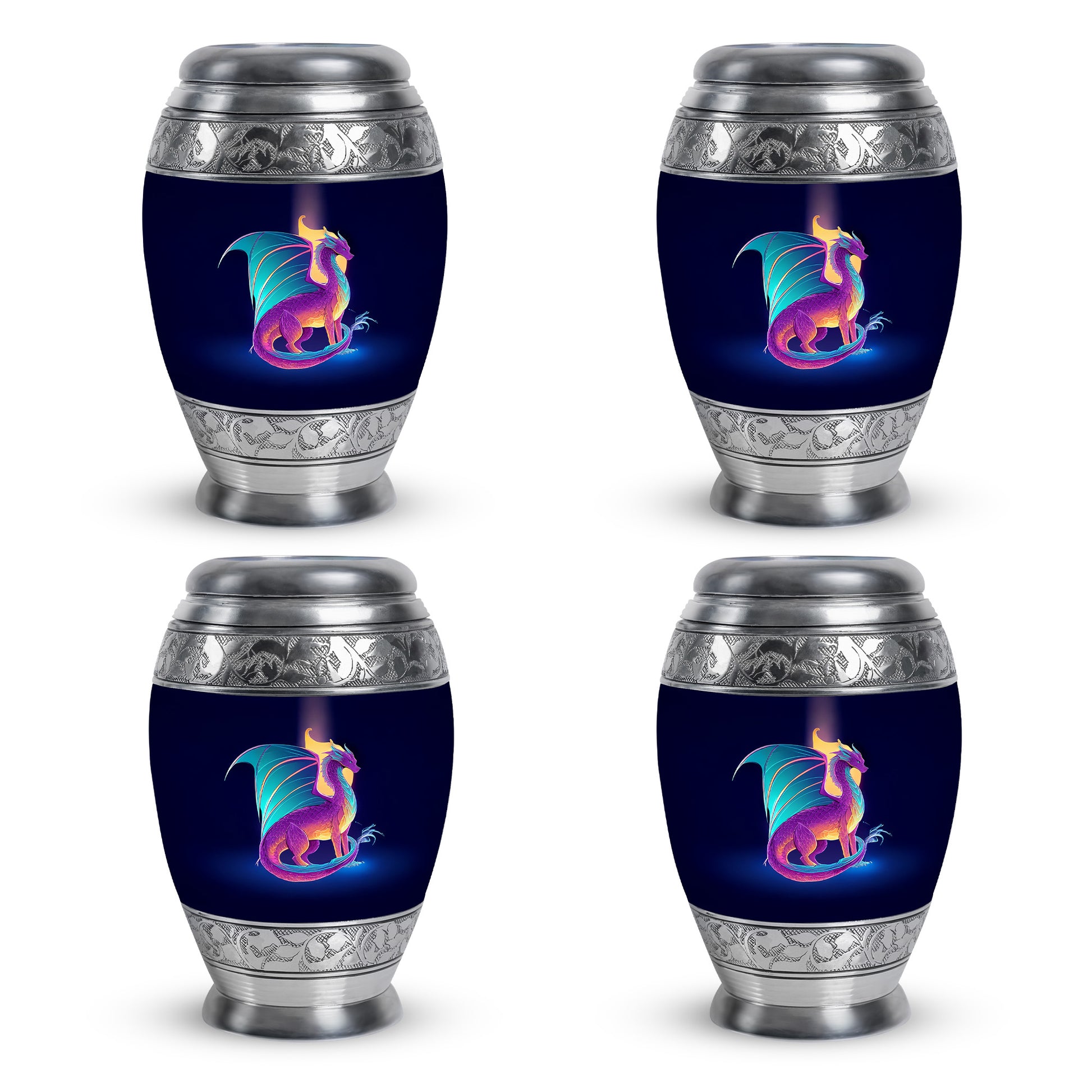 Twilight Blue Dragon Cremation Urn urn with complimentary velvet bag - majestic dragon pattern with filigree border - 10 inch aluminum urn for cremated remains