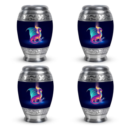 Twilight Blue Dragon Cremation Urn urn with complimentary velvet bag - majestic dragon pattern with filigree border - 10 inch aluminum urn for cremated remains