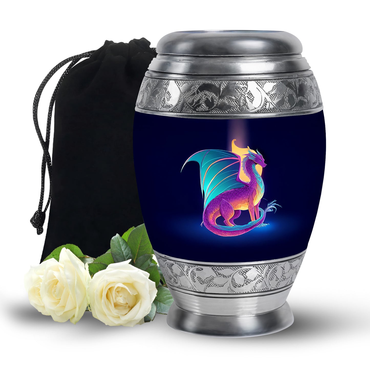 Bright Blue Dragon Cremation Urn back view with polished surface - royal dragon engraving with decorative scrollwork - full-size 10 inch 200 cubic inch adult cremation urn