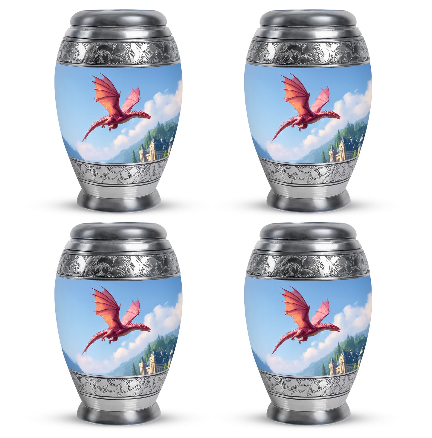 Powder Blue Dragon Cremation Urn urn with complimentary velvet bag - regal dragon design with crown-inspired accents - 10 inch aluminum urn for cremated remains