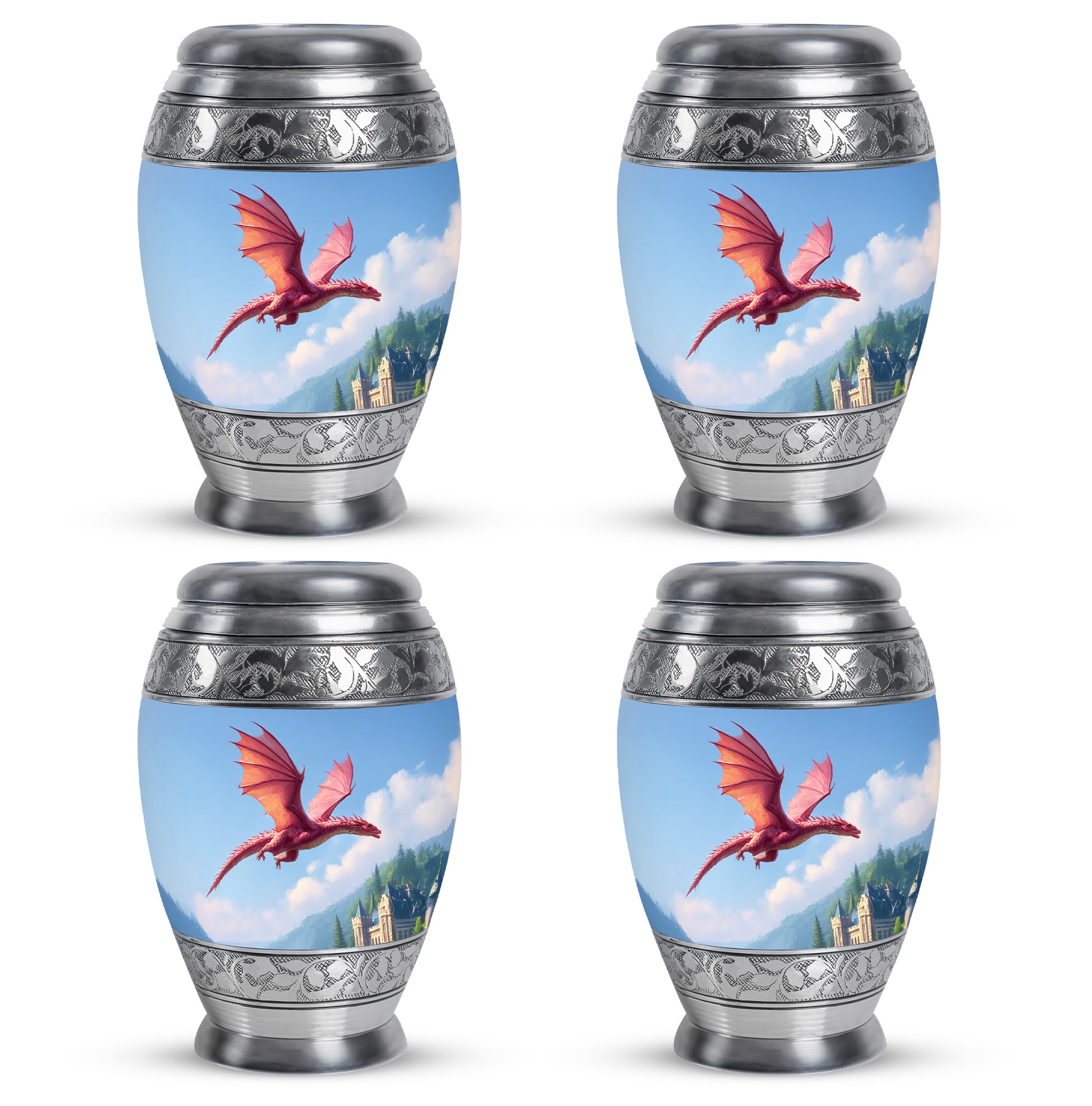 Powder Blue Dragon Cremation Urn urn with complimentary velvet bag - regal dragon design with crown-inspired accents - 10 inch aluminum urn for cremated remains