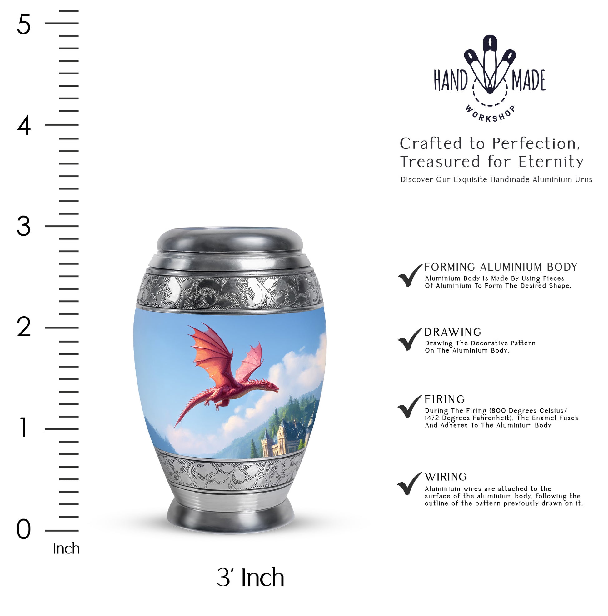 Cobalt Blue Dragon Cremation Urn lifestyle display on memorial shelf - majestic dragon pattern with filigree border - mini keepsake memorial for portion of cremation ashes