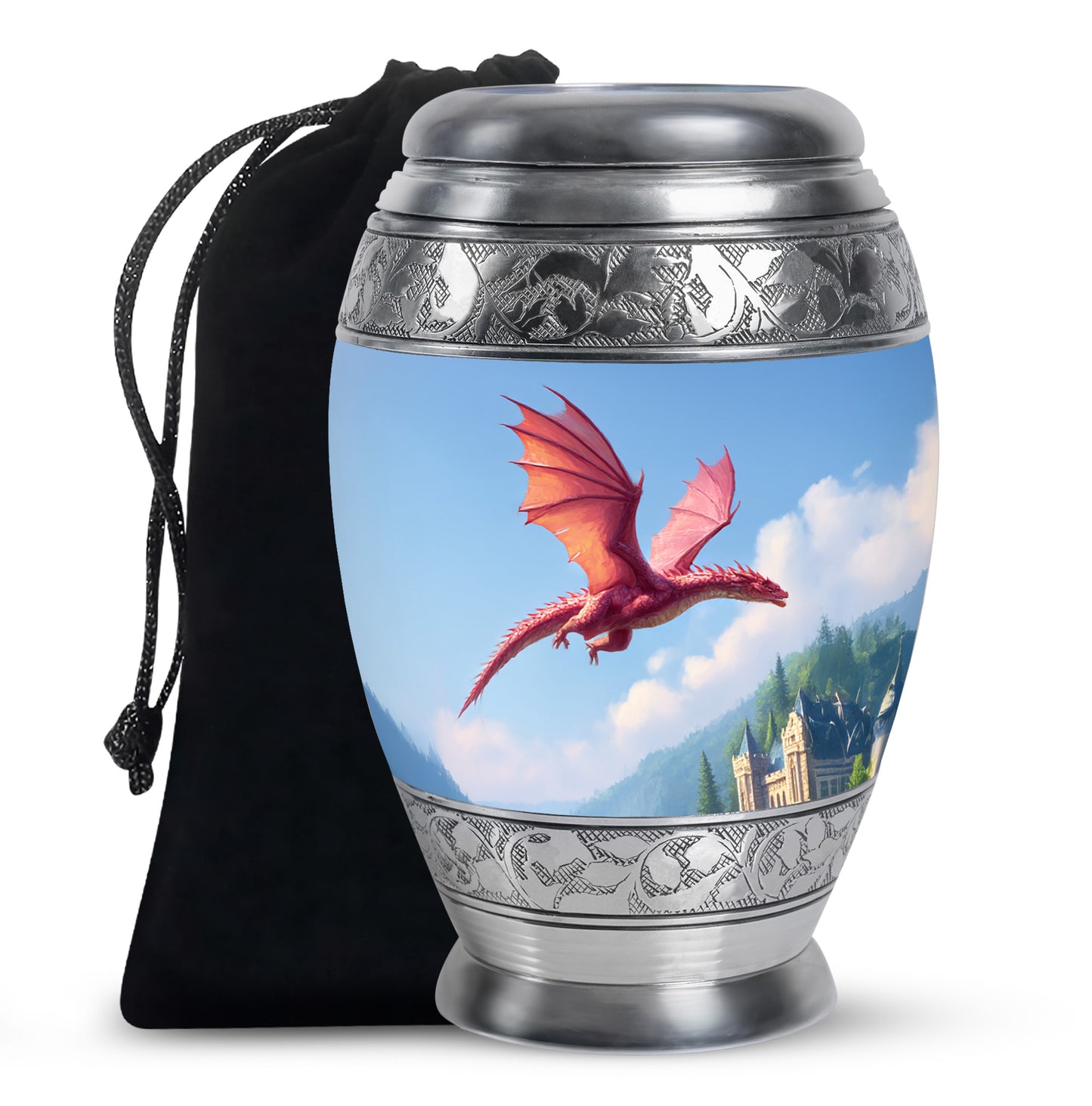 Slate Blue Dragon Cremation Urn back view with polished surface - regal dragon design with crown-inspired accents - full-size 10 inch 200 cubic inch adult cremation urn