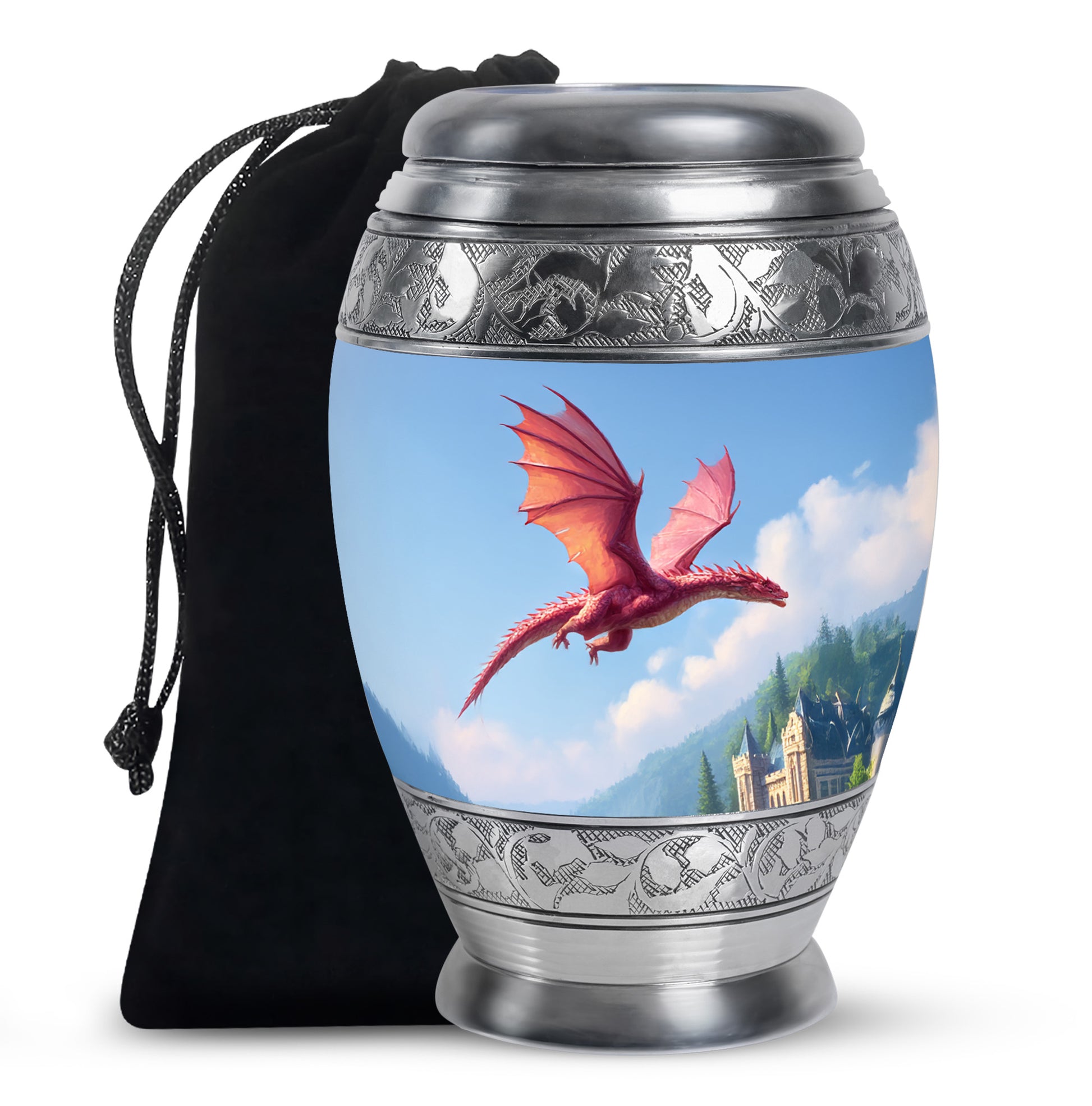 Slate Blue Dragon Cremation Urn back view with polished surface - regal dragon design with crown-inspired accents - full-size 10 inch 200 cubic inch adult cremation urn