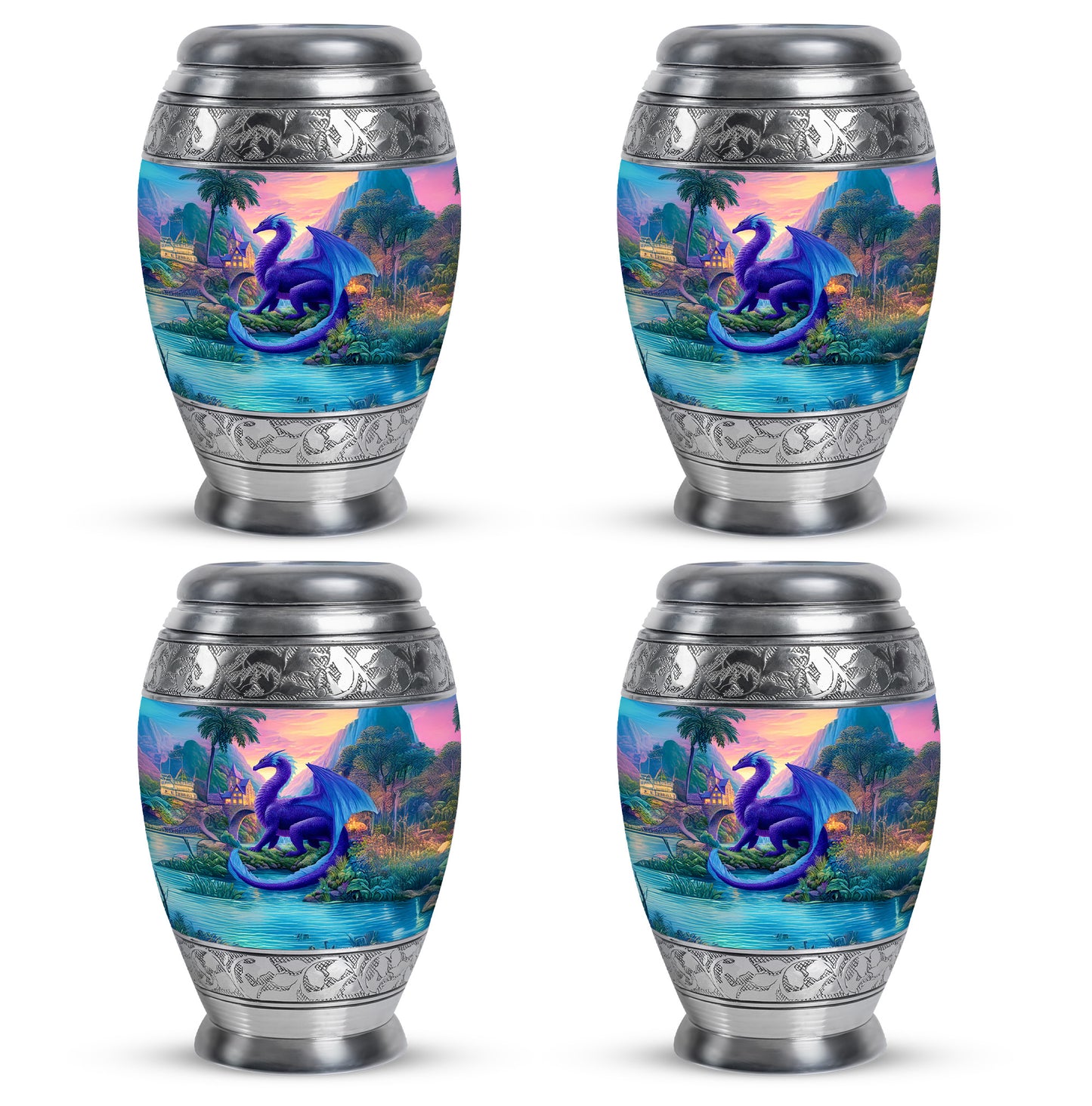 Steel Blue Dragon Cremation Urn urn with complimentary velvet bag - royal dragon engraving with decorative scrollwork - 10 inch aluminum urn for cremated remains