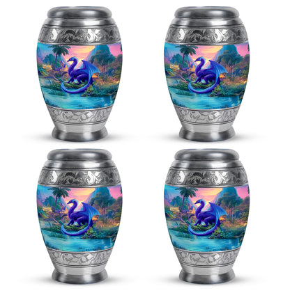 Steel Blue Dragon Cremation Urn urn with complimentary velvet bag - royal dragon engraving with decorative scrollwork - 10 inch aluminum urn for cremated remains
