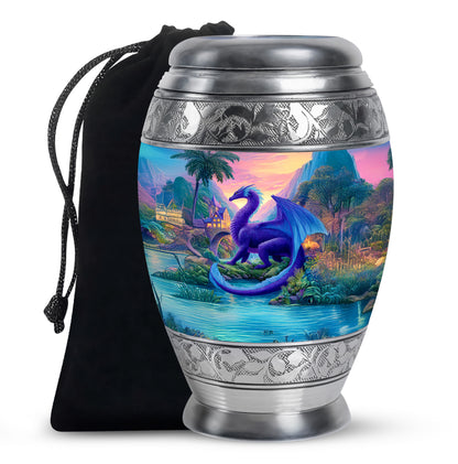 Soft Blue Dragon Cremation Urn back view with polished surface - royal dragon engraving with decorative scrollwork - full-size 10 inch 200 cubic inch adult cremation urn