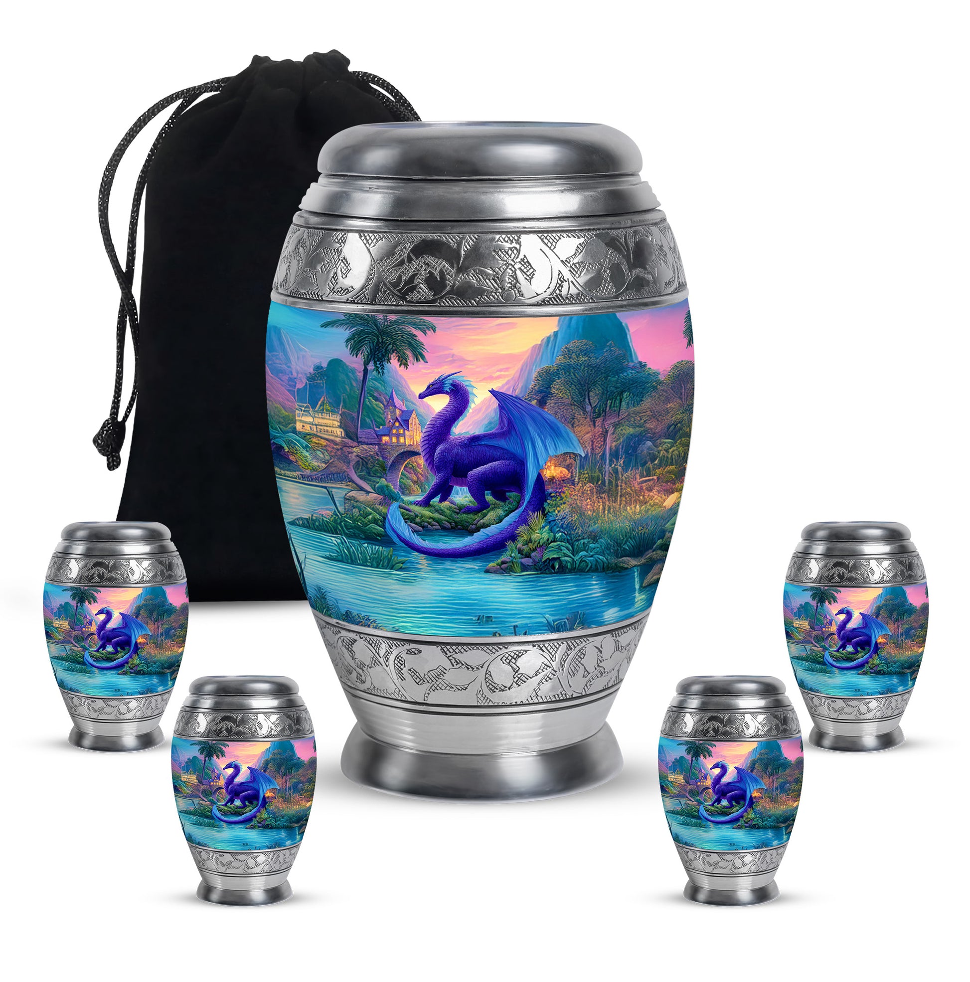 Royal Blue Dragon Cremation Urn detail view - majestic dragon pattern with filigree border - memorial set with one large and four small urns