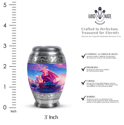 Dusty Blue Dragon Cremation Urn lifestyle display on memorial shelf - ornate monarch-style dragon relief on brushed aluminum - mini keepsake memorial for portion of cremation ashes
