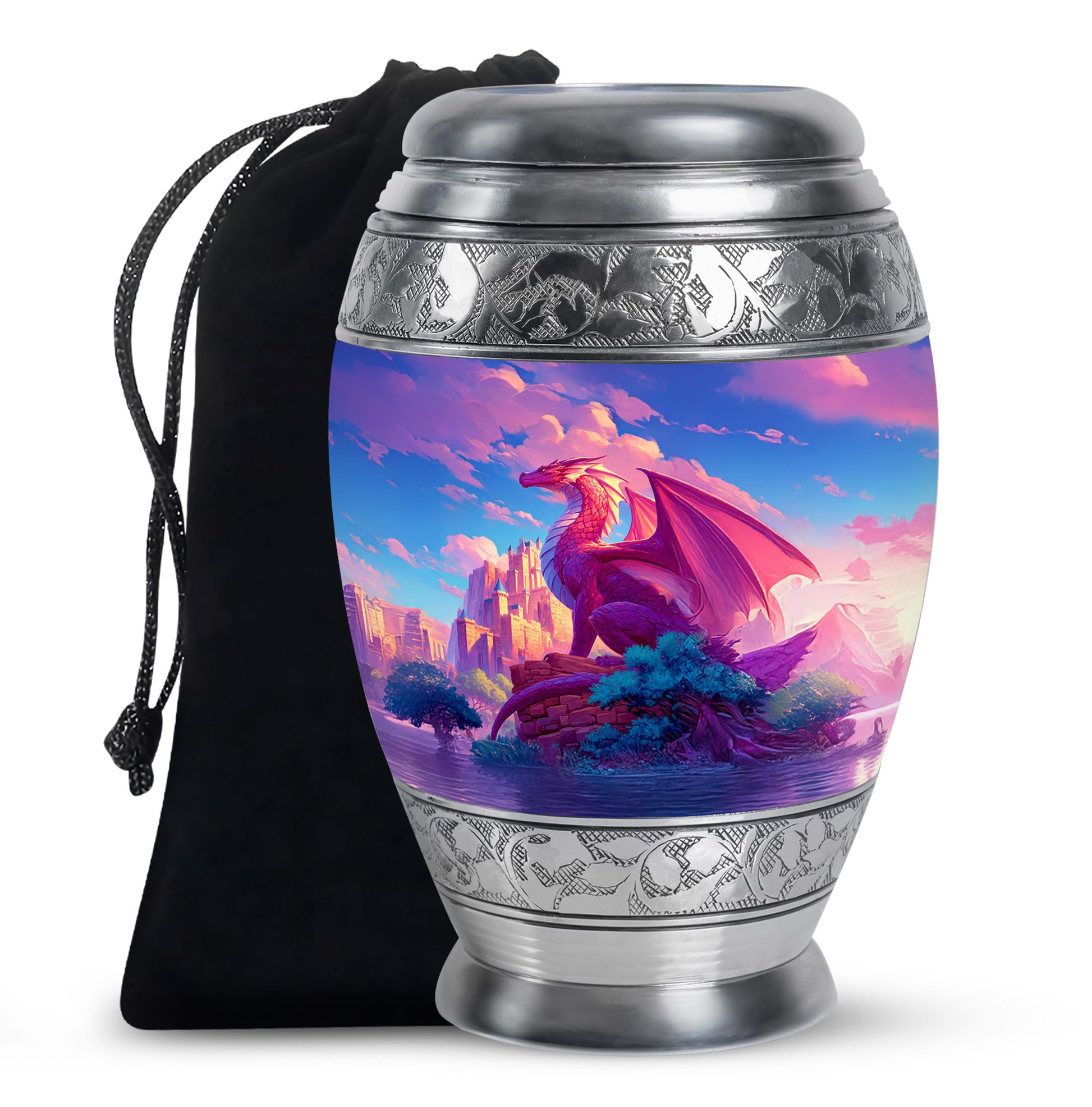 Icy Blue Dragon Cremation Urn back view with polished surface - regal dragon design with crown-inspired accents - full-size 10 inch 200 cubic inch adult cremation urn
