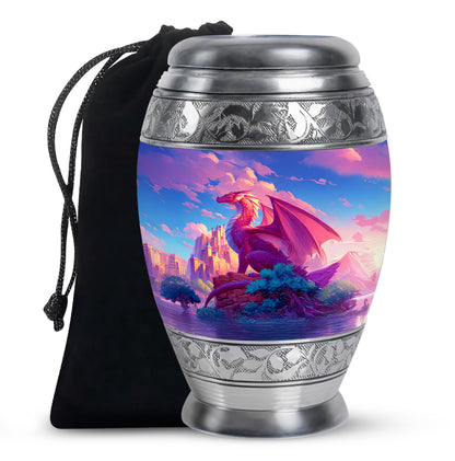 Icy Blue Dragon Cremation Urn back view with polished surface - regal dragon design with crown-inspired accents - full-size 10 inch 200 cubic inch adult cremation urn