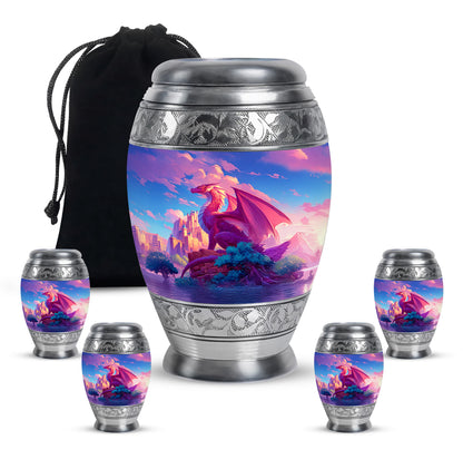Vivid Blue Dragon Cremation Urn detail view - royal dragon engraving with decorative scrollwork - memorial set with one large and four small urns
