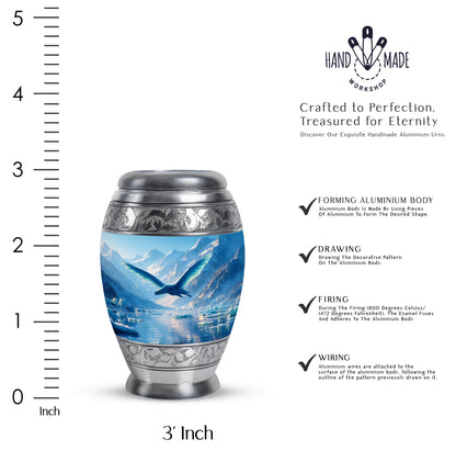Powder Blue Dragon Cremation Urn lifestyle display on memorial shelf - ornate monarch-style dragon relief on brushed aluminum - mini keepsake memorial for portion of cremation ashes