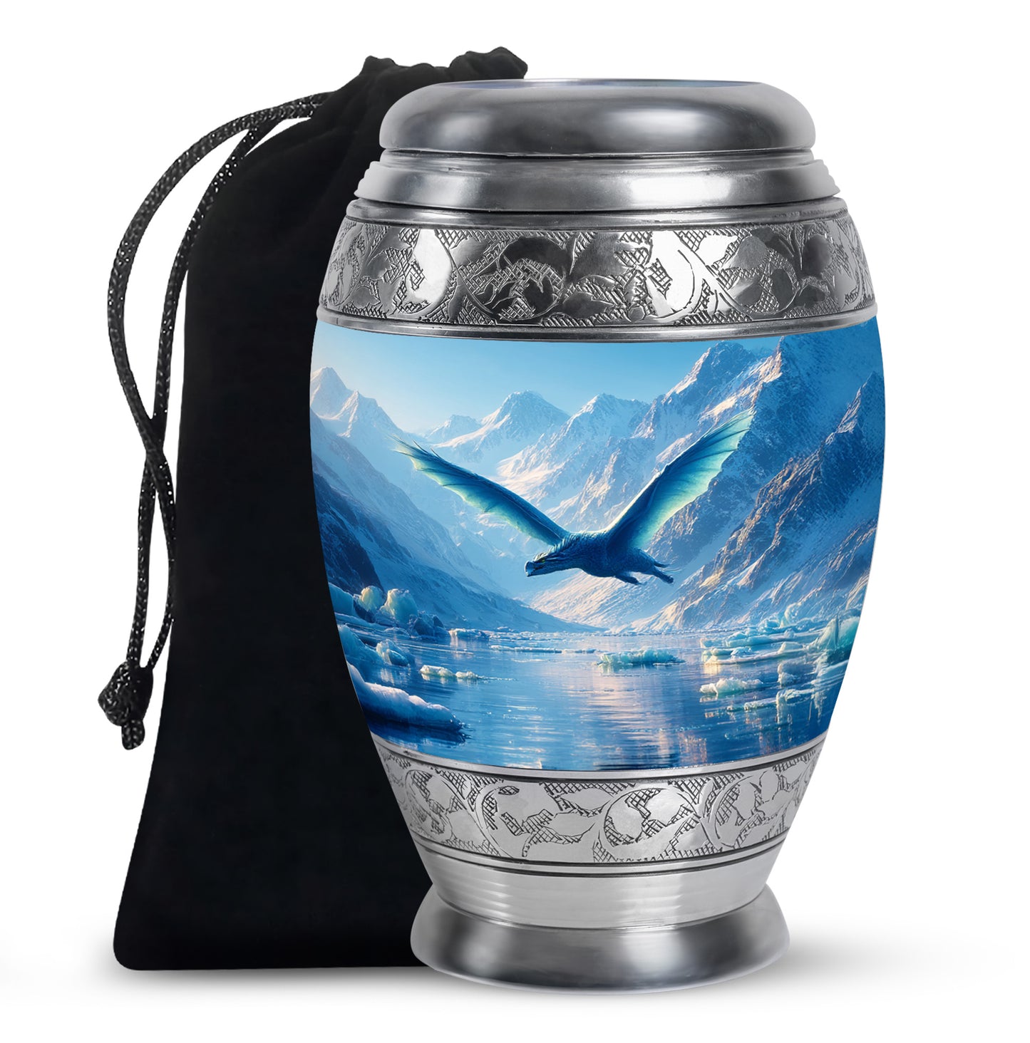 Soft Blue Dragon Cremation Urn back view with polished surface - majestic dragon pattern with filigree border - full-size 10 inch 200 cubic inch adult cremation urn