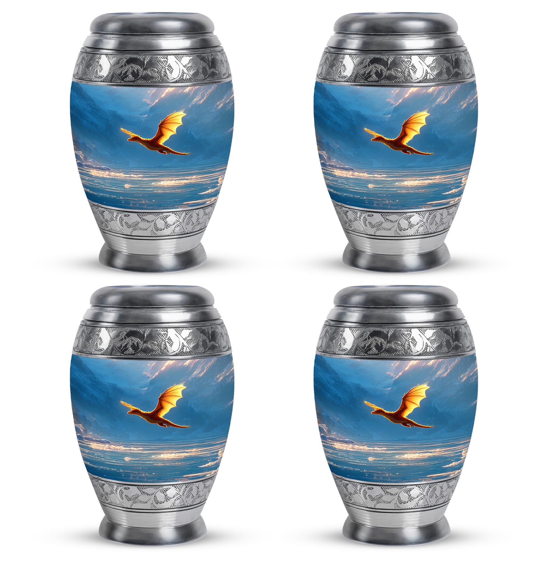Slate Blue Dragon Cremation Urn urn with complimentary velvet bag - regal dragon design with crown-inspired accents - 10 inch aluminum urn for cremated remains