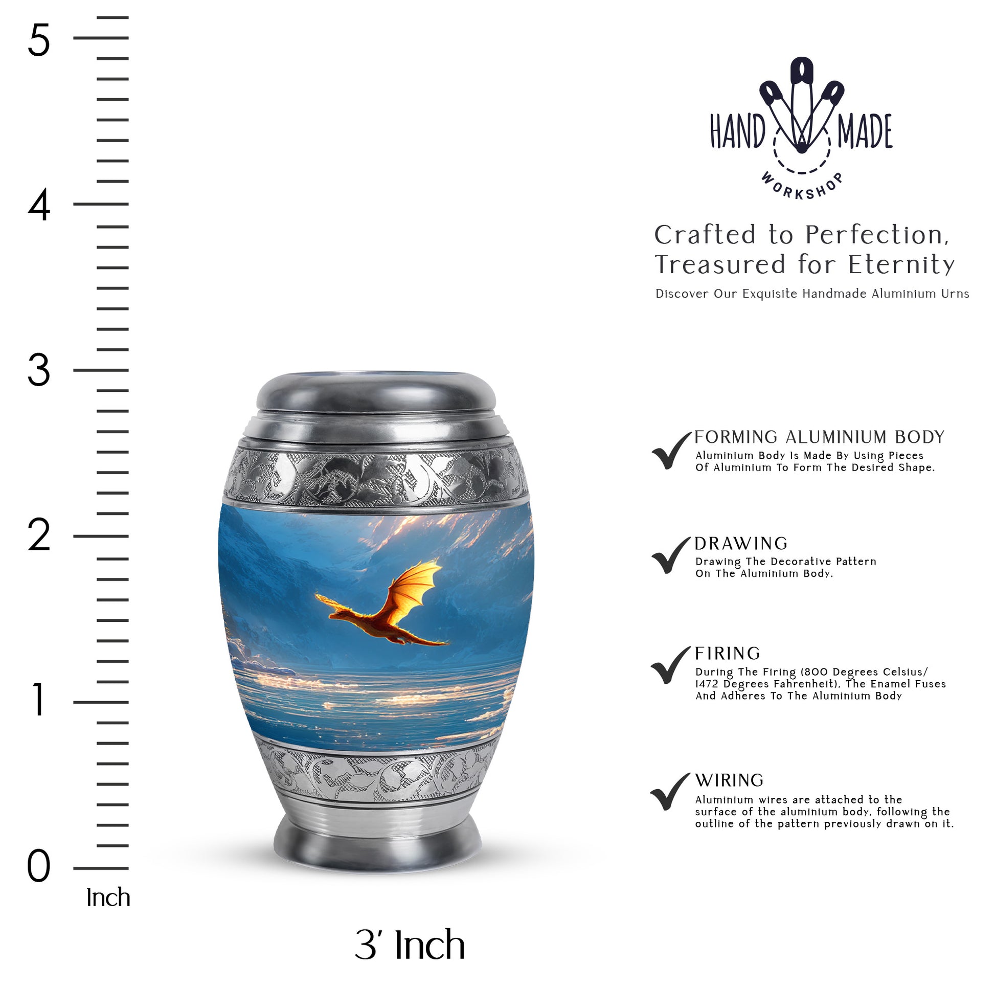 Calming Blue Dragon Cremation Urn lifestyle display on memorial shelf - royal dragon engraving with decorative scrollwork - mini keepsake memorial for portion of cremation ashes
