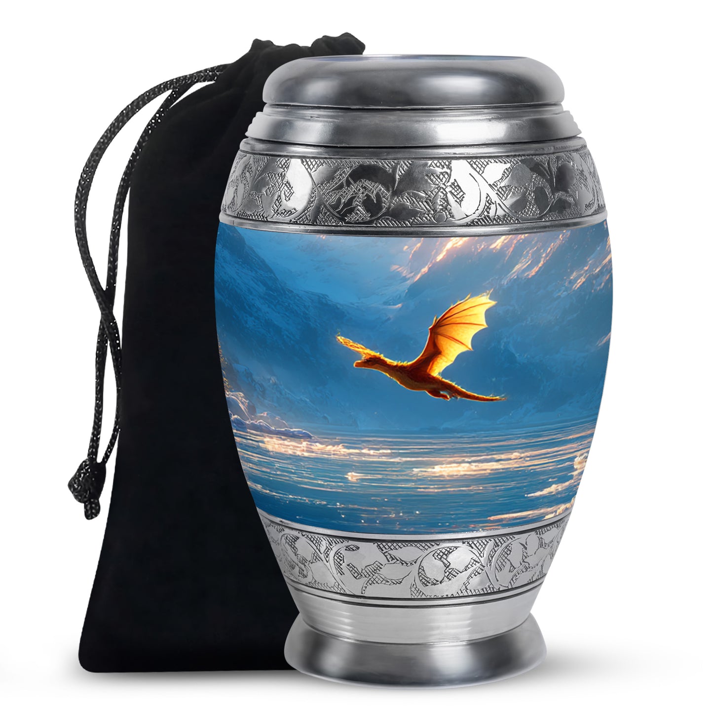 Slate Blue Dragon Cremation Urn back view with polished surface - ornate monarch-style dragon relief on brushed aluminum - full-size 10 inch 200 cubic inch adult cremation urn
