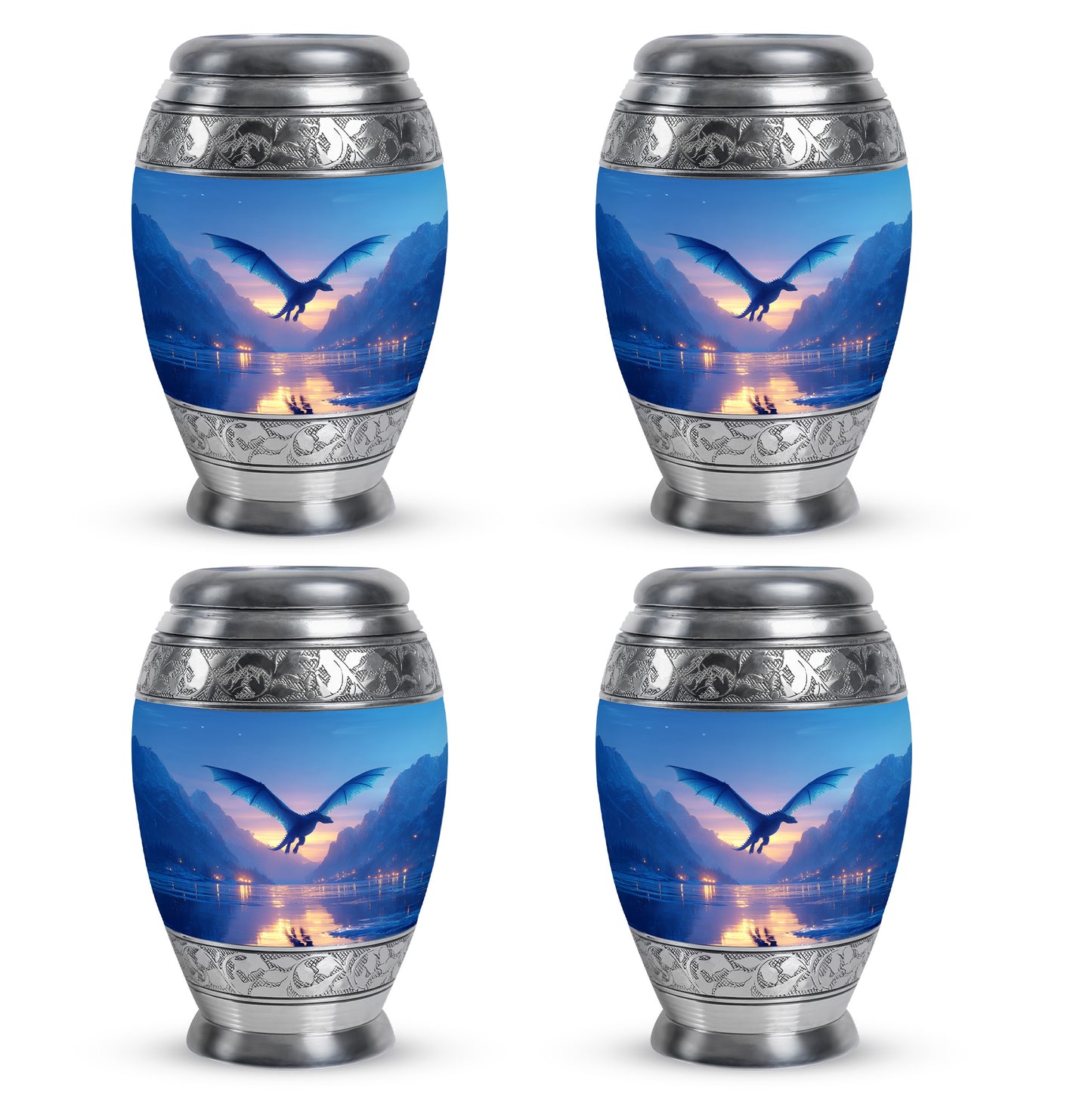 Cornflower Blue Dragon Cremation Urn urn with complimentary velvet bag - majestic dragon pattern with filigree border - 10 inch aluminum urn for cremated remains