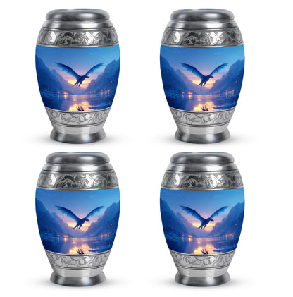 Cornflower Blue Dragon Cremation Urn urn with complimentary velvet bag - majestic dragon pattern with filigree border - 10 inch aluminum urn for cremated remains