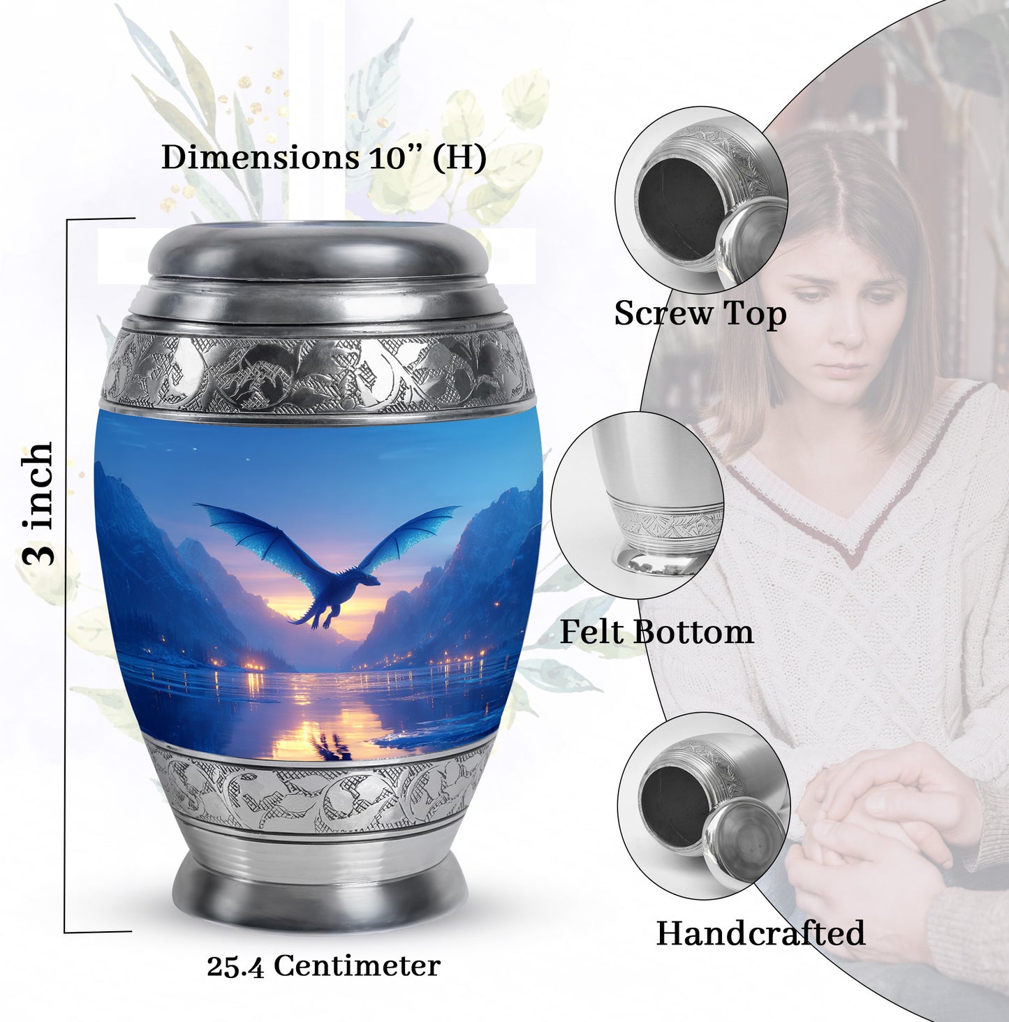 Powder Blue Dragon Cremation Urn lifestyle display on memorial shelf - regal dragon design with crown-inspired accents - mini keepsake memorial for portion of cremation ashes
