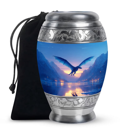Royal Blue Dragon Cremation Urn back view with polished surface - royal dragon engraving with decorative scrollwork - full-size 10 inch 200 cubic inch adult cremation urn