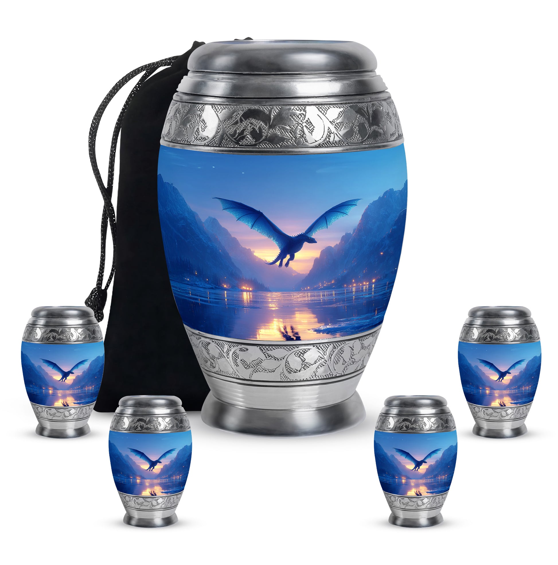 Calming Blue Dragon Cremation Urn detail view - royal dragon engraving with decorative scrollwork - memorial set with one large and four small urns
