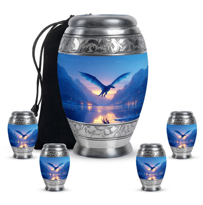 Calming Blue Dragon Cremation Urn detail view - royal dragon engraving with decorative scrollwork - memorial set with one large and four small urns