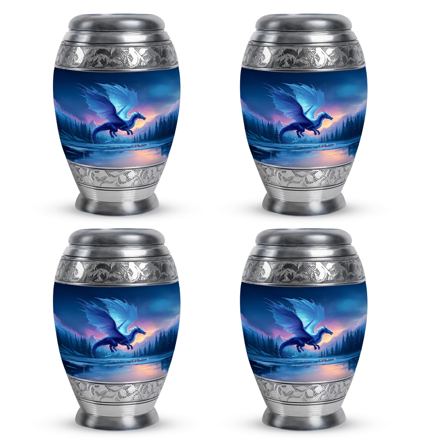 Royal Blue Dragon Cremation Urn urn with complimentary velvet bag - majestic dragon pattern with filigree border - 10 inch aluminum urn for cremated remains