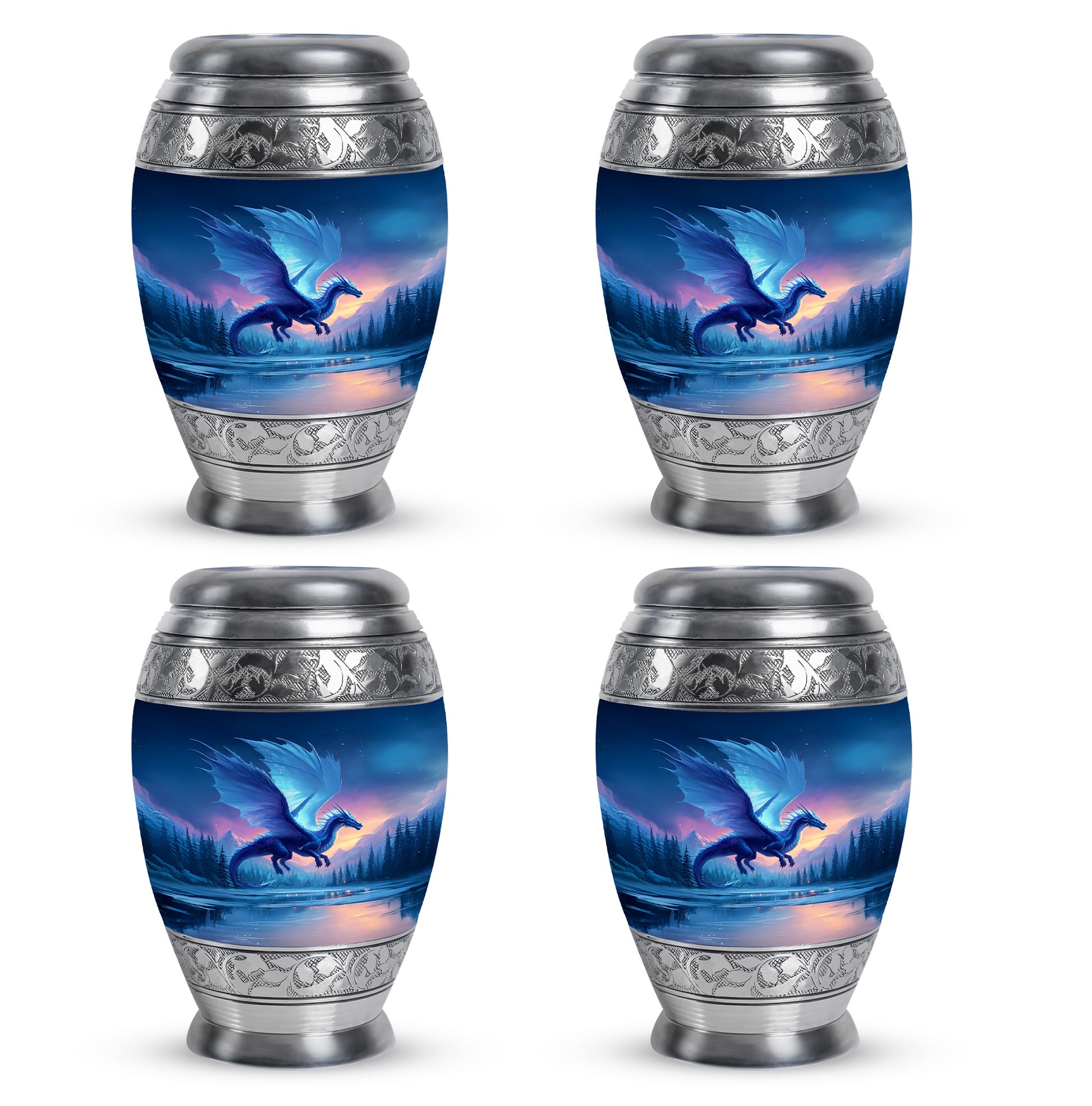 Royal Blue Dragon Cremation Urn urn with complimentary velvet bag - majestic dragon pattern with filigree border - 10 inch aluminum urn for cremated remains