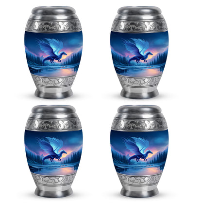 Royal Blue Dragon Cremation Urn urn with complimentary velvet bag - majestic dragon pattern with filigree border - 10 inch aluminum urn for cremated remains