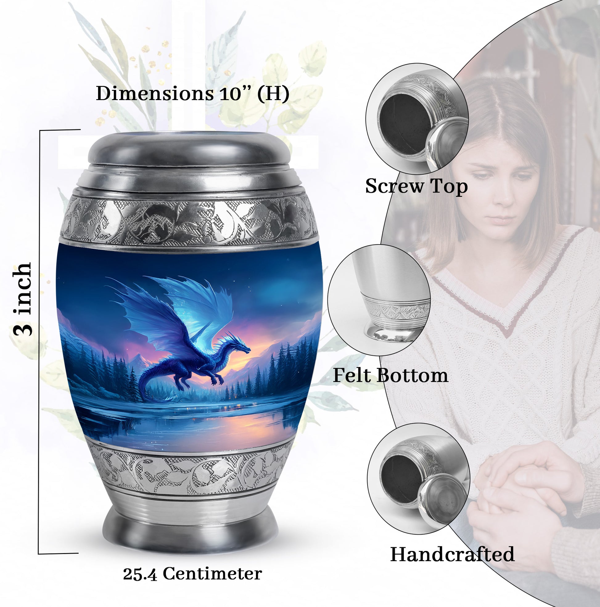 Celestial Blue Dragon Cremation Urn lifestyle display on memorial shelf - ornate monarch-style dragon relief on brushed aluminum - mini keepsake memorial for portion of cremation ashes