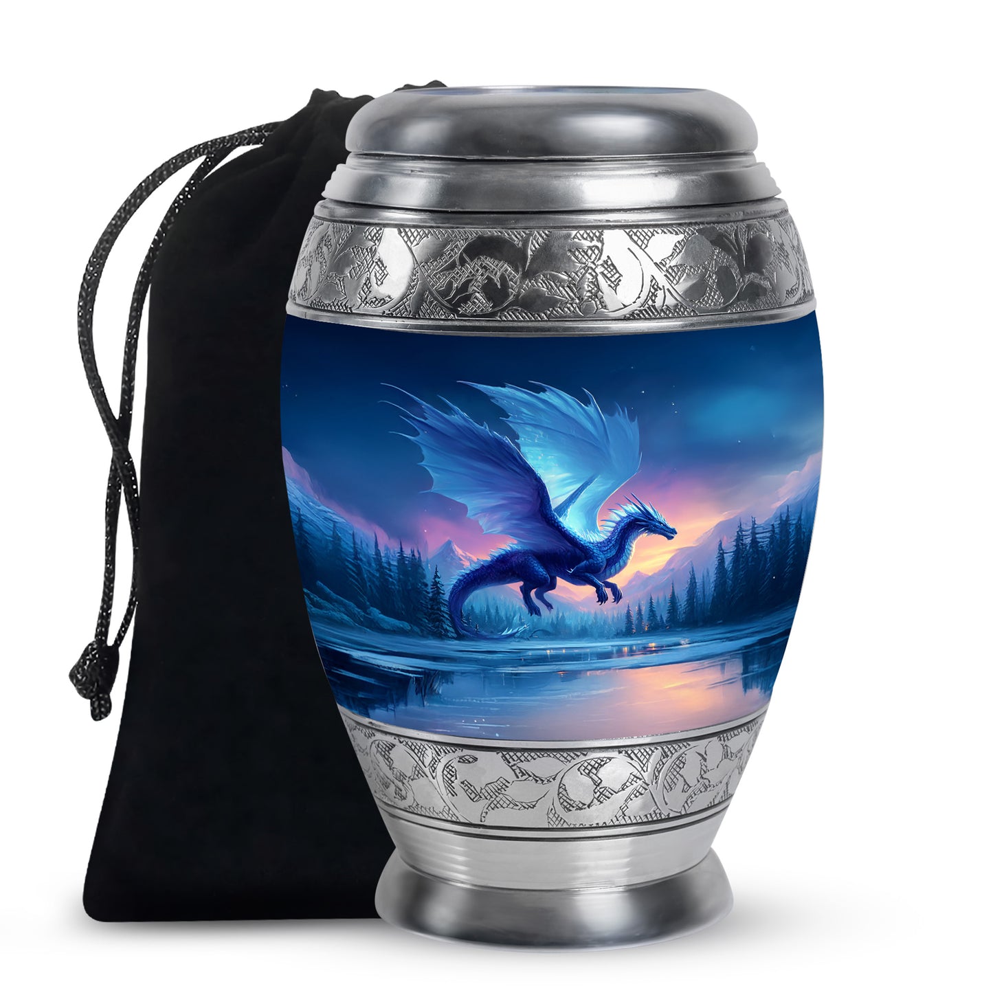 Serene Blue Dragon Cremation Urn back view with polished surface - royal dragon engraving with decorative scrollwork - full-size 10 inch 200 cubic inch adult cremation urn