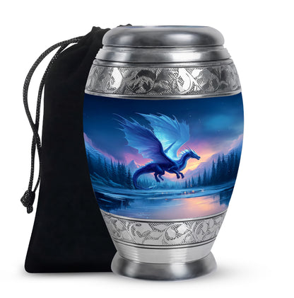 Serene Blue Dragon Cremation Urn back view with polished surface - royal dragon engraving with decorative scrollwork - full-size 10 inch 200 cubic inch adult cremation urn