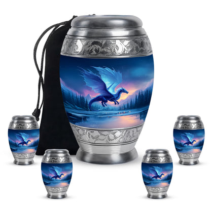 Misty Blue Dragon Cremation Urn detail view - regal dragon design with crown-inspired accents - memorial set with one large and four small urns