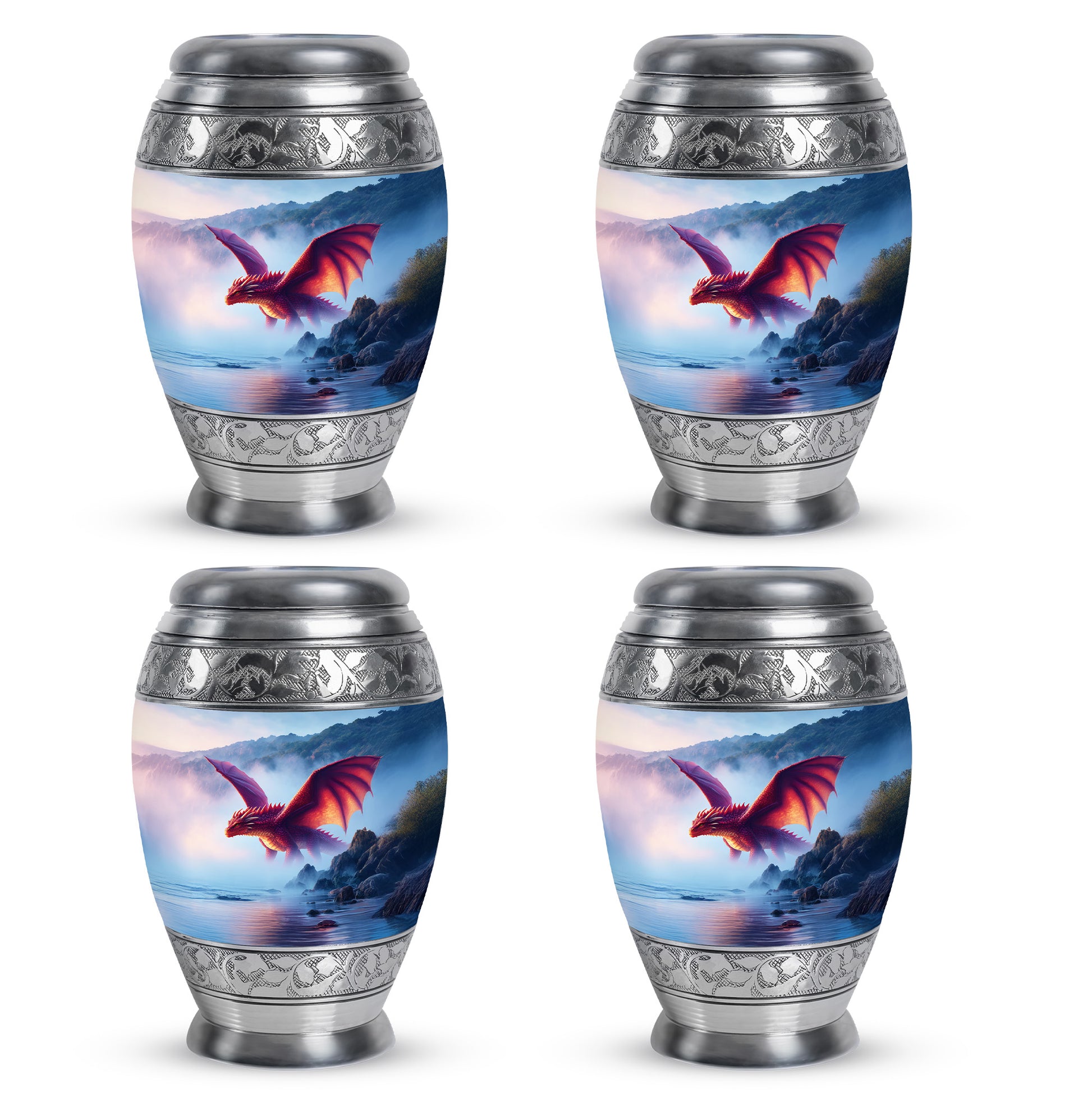 Icy Blue Dragon Cremation Urn urn with complimentary velvet bag - regal dragon design with crown-inspired accents - 10 inch aluminum urn for cremated remains