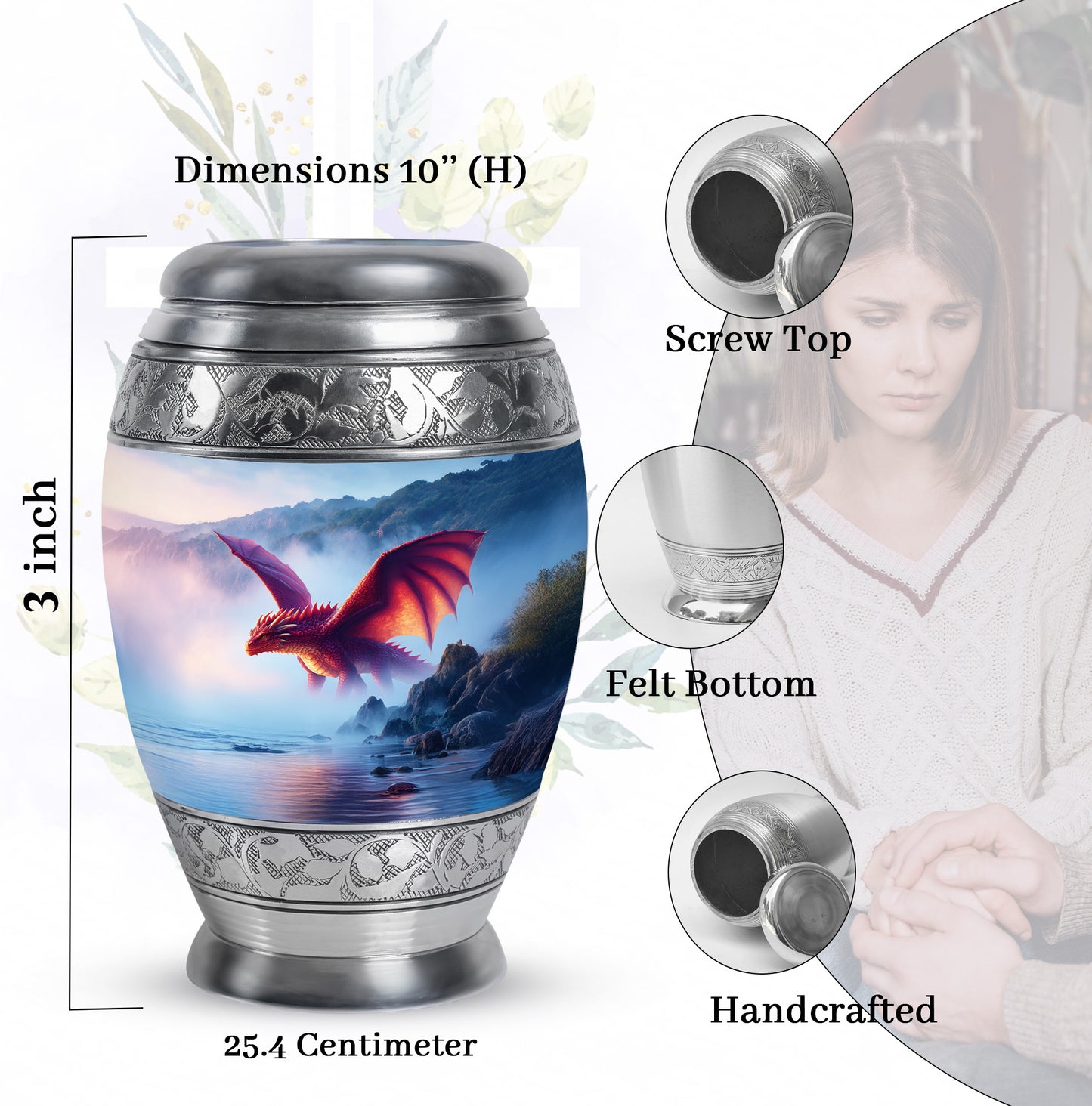 Pastel Blue Dragon Cremation Urn lifestyle display on memorial shelf - ornate monarch-style dragon relief on brushed aluminum - mini keepsake memorial for portion of cremation ashes