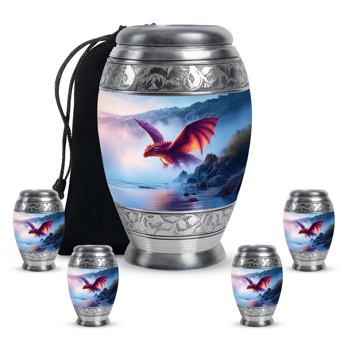 Sapphire Blue Dragon Cremation Urn detail view - majestic dragon pattern with filigree border - memorial set with one large and four small urns