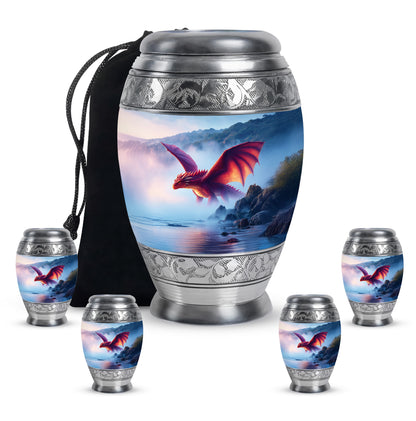Sapphire Blue Dragon Cremation Urn detail view - majestic dragon pattern with filigree border - memorial set with one large and four small urns