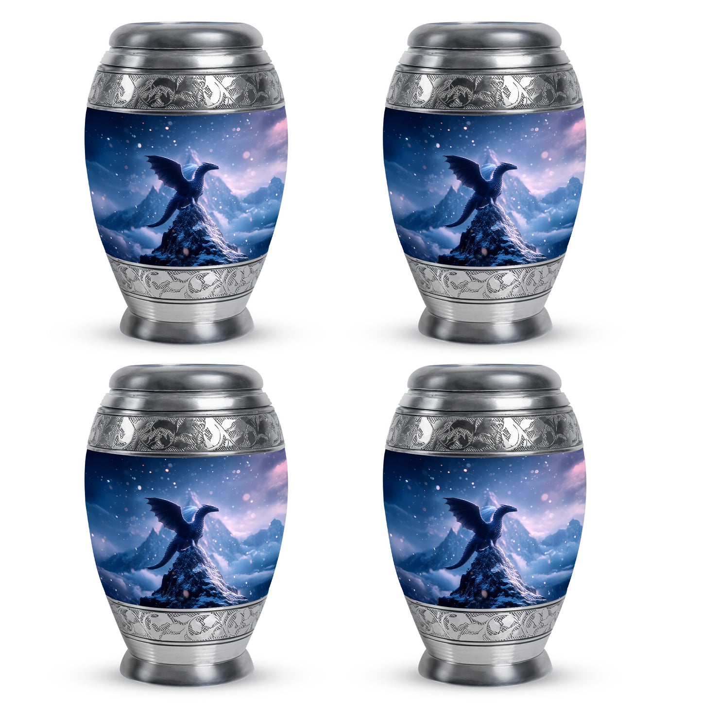 Calming Blue Dragon Cremation Urn urn with complimentary velvet bag - majestic dragon pattern with filigree border - 10 inch aluminum urn for cremated remains