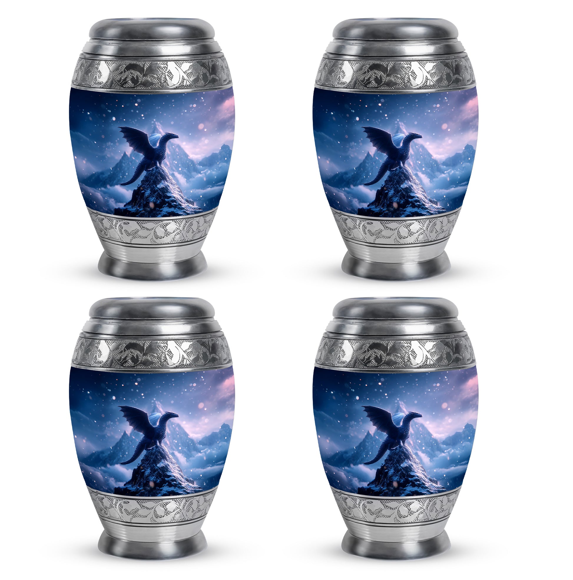 Calming Blue Dragon Cremation Urn urn with complimentary velvet bag - majestic dragon pattern with filigree border - 10 inch aluminum urn for cremated remains