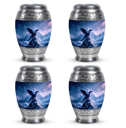 Calming Blue Dragon Cremation Urn urn with complimentary velvet bag - majestic dragon pattern with filigree border - 10 inch aluminum urn for cremated remains